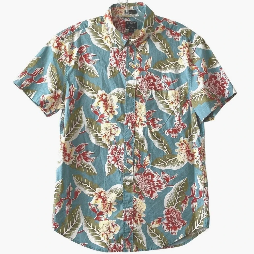 J. Crew Men Flex Washed Shirt M Blue Floral Slim Fit SS Stretch‎ Hawaiian Preppy